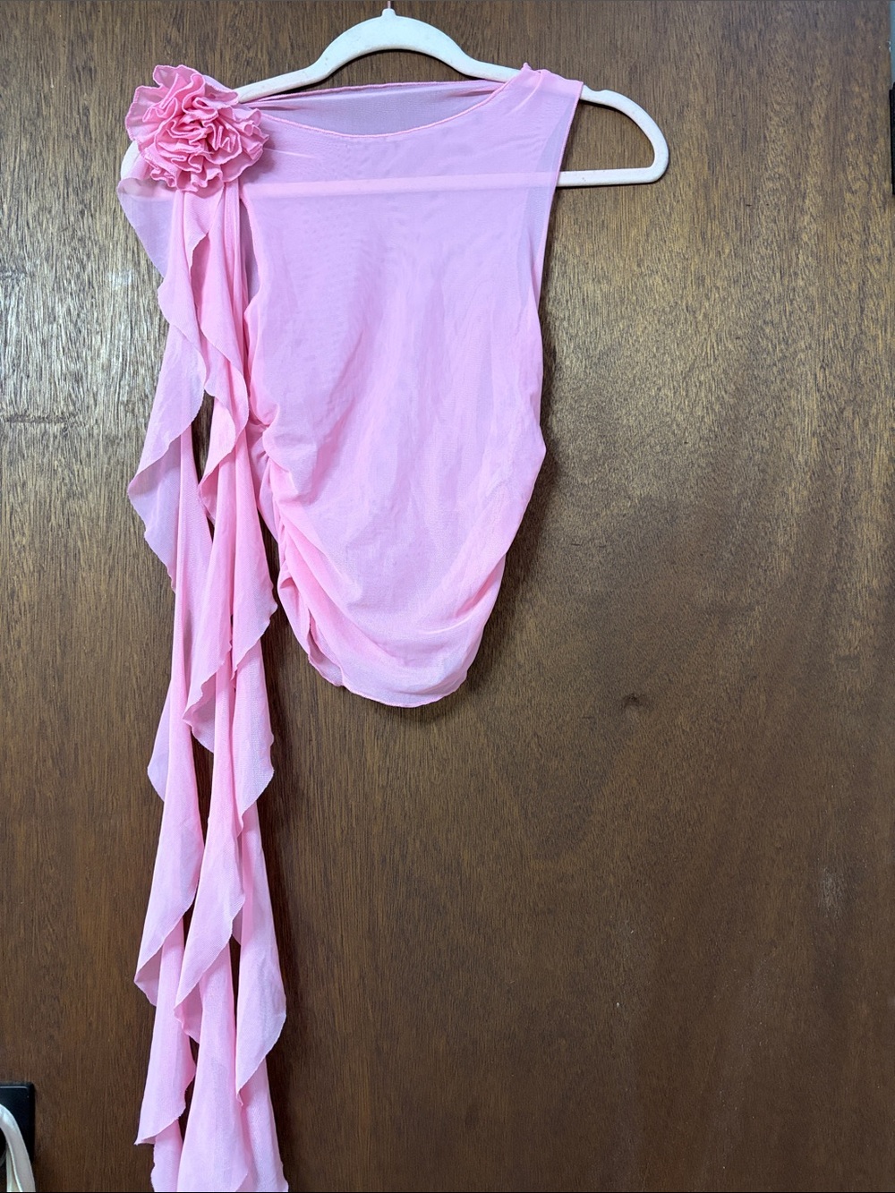 One-Shoulder Pink Ruffle Dance Top with Rosette